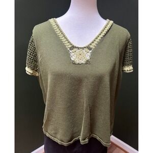 Norton McNaughton Crochet Olive Green Short Sleeve Top Size 2X